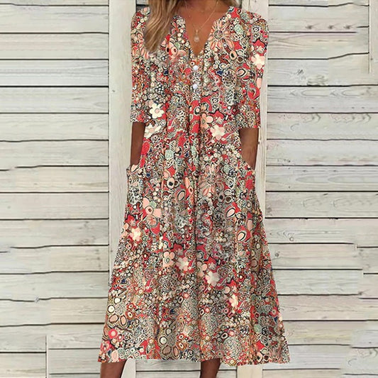 Vestido casual estampado con cuello en V y bolsillos abiertos - EspaƱa