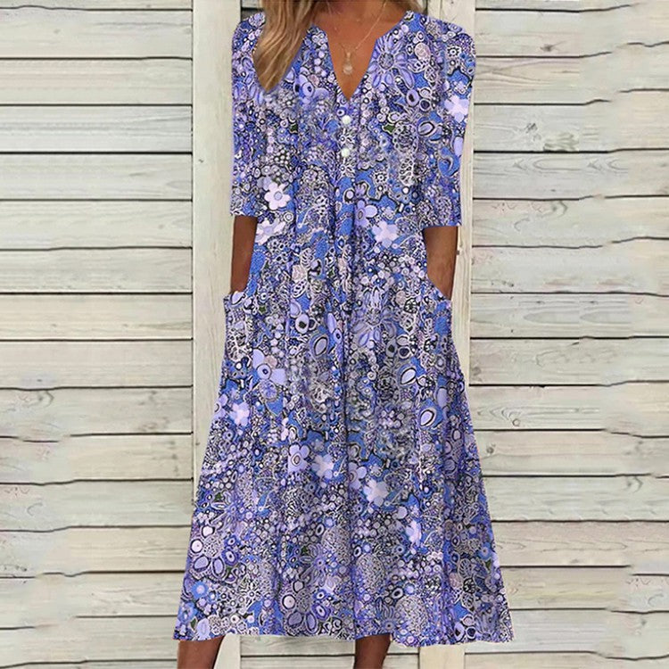 Vestido casual estampado con cuello en V y bolsillos abiertos - España