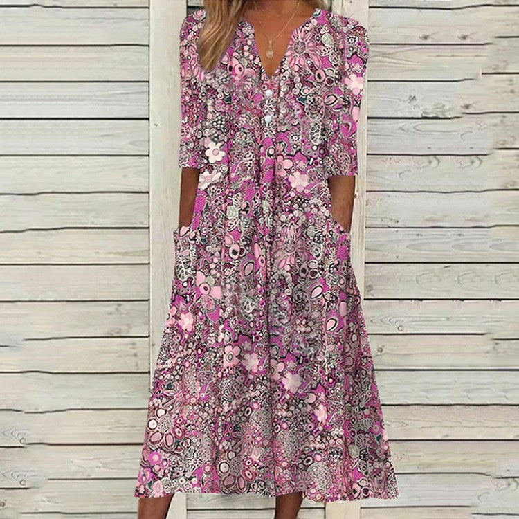 Vestido casual estampado con cuello en V y bolsillos abiertos - España
