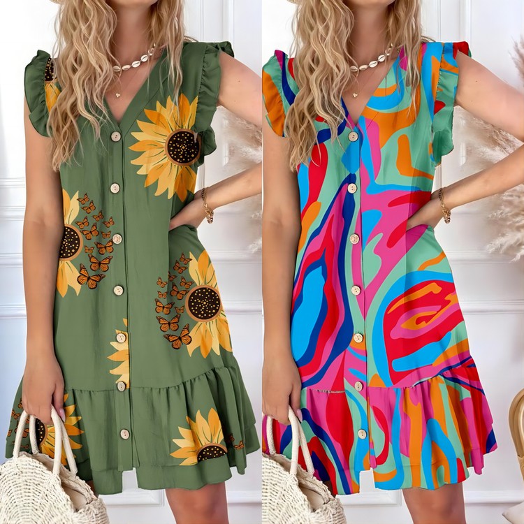 Envío gratis🔥Vestido suelto estampado con cuello de pico y botones - España