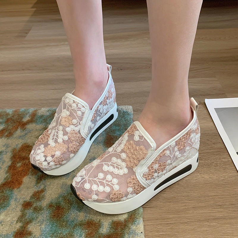 2024 principios de la primavera nueva malla zapatos individuales señaló muffin grueso fondo zapatos casuales bordados zapatos de las mujeres