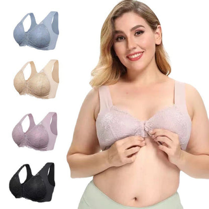 Women's Plus Size Lace Wide Straps Wireless Bra Front Closure Push Up Bras