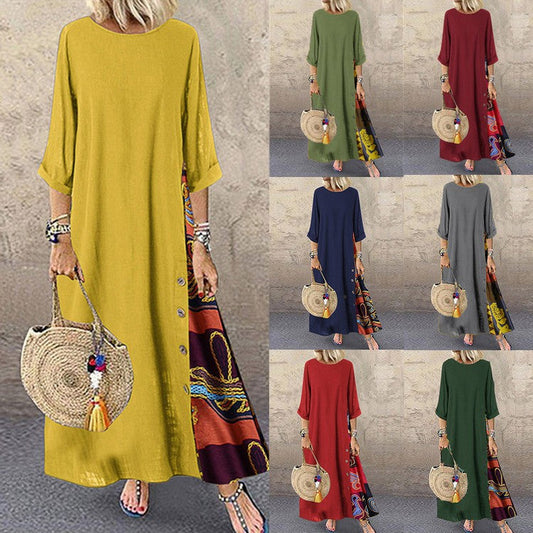 Colarinho redondo floral de outono com botões de bloqueio de cor e vestido de mangas patchwork. Solto e confortável, com cores de retalhos para um ar de elegância e generosidade. Disponível em 12 cores à escolha.