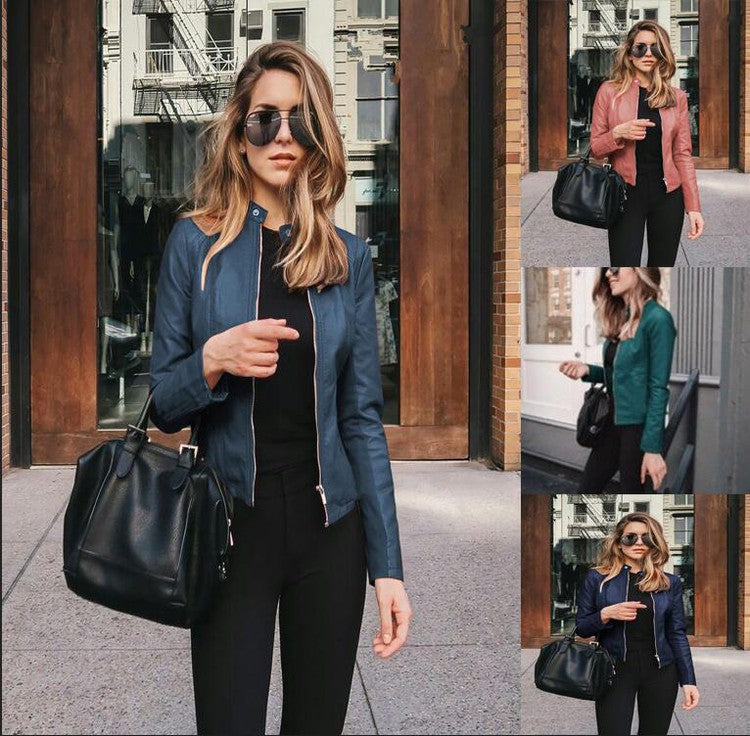 Stylish women's PU leather jacket; choose from 8 colors to match any outfit